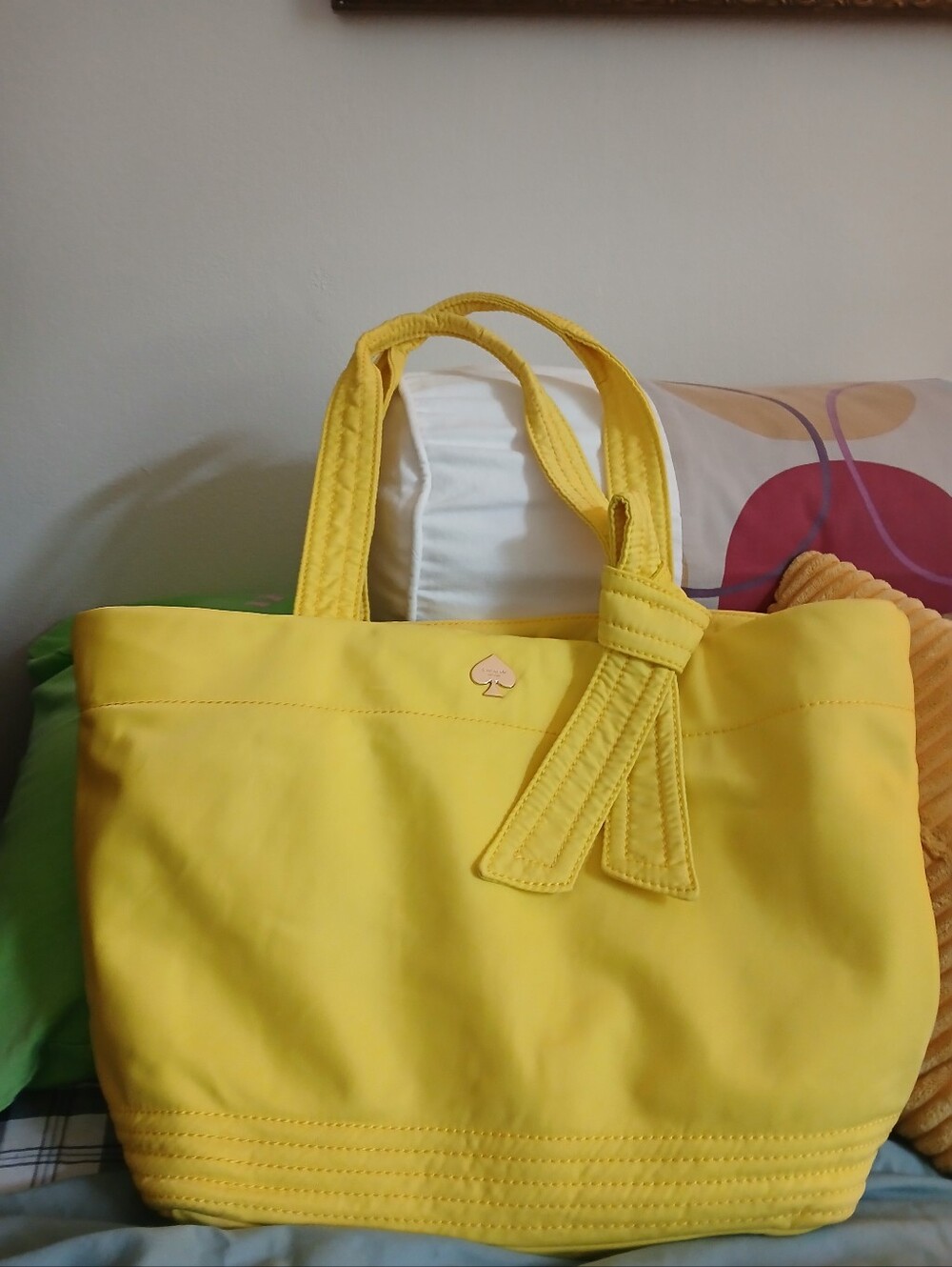 Kate Spade Yellow Nylon Tote Bow Detail Gold Heart Logo